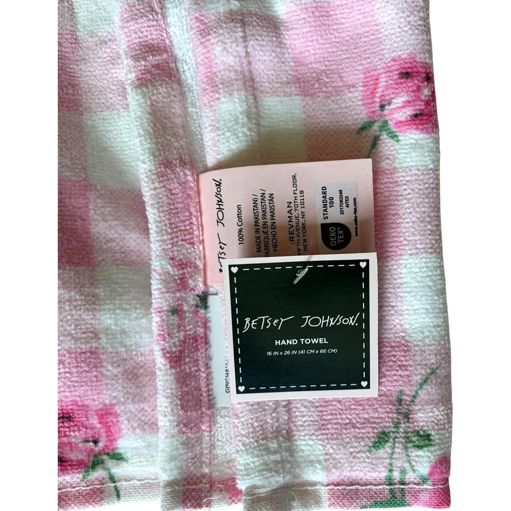 Betsey Johnson Pink Gingham Floral Towels 3pc Set 2 Bath 1 Hand 100% Cotton NEW